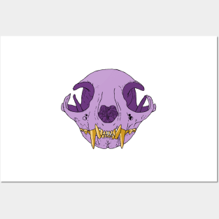 Cat Skull Amethyst and Gold Teeth Posters and Art